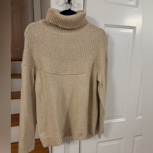 J.Jill Townscape Turtleneck- medium in desert sand. Cotton blend, metallic yoke - Picture 2 of 6